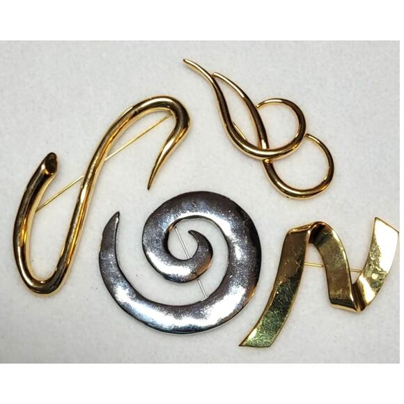 Vtg 80s Oversized Brooch 4 Pc Lot Abstract Mod Swirls Swish Goldtone Silvertone - Picture 2 of 7